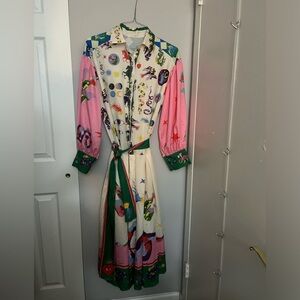 Vibrant Pink and Green Midi Dress